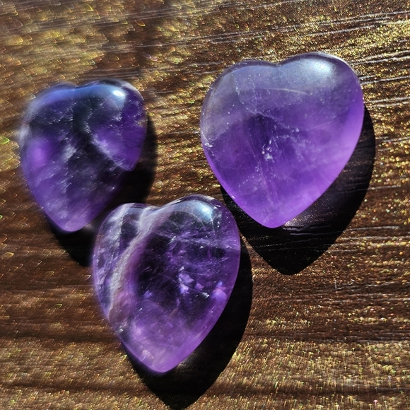 Amethyst 3 Pc Crystal Heart Carvings Gemstones Purple - Picture 10 of 11